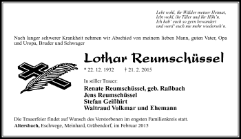 Traueranzeige von Lothar Reumschüssel von Südthüringer Presse