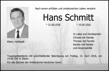 Traueranzeige von Hans Schmitt von Neue Presse Coburg