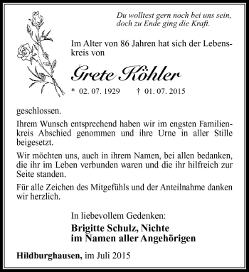 Traueranzeige von Grete Köhler von Südthüringer Presse