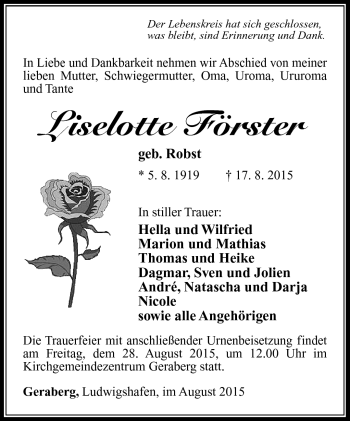 Traueranzeige von Liselotte Förster von Südthüringer Presse
