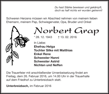 Traueranzeige von Norbert Grap von Südthüringer Presse