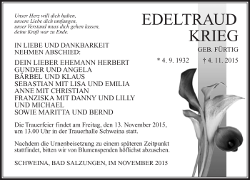 Traueranzeige von Edeltraud Krieg von Südthüringer Presse