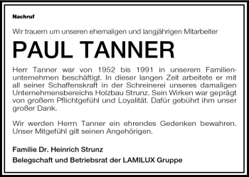 Traueranzeige von Paul Tanner von Frankenpost