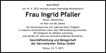 Traueranzeige von Ingrid Pfaller von Neue Presse Coburg