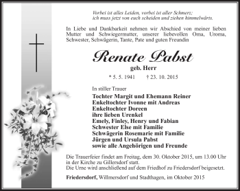 Traueranzeige von Renate Pabst von Südthüringer Presse