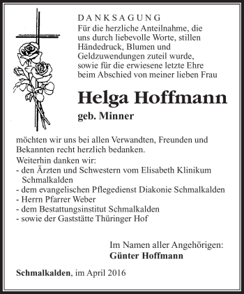 Traueranzeige von Helga Hoffmann von Südthüringer Presse