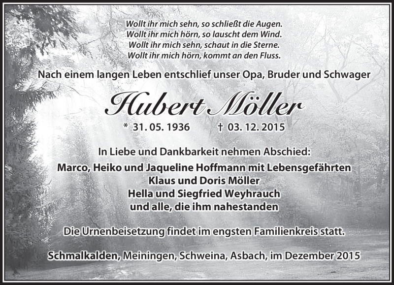 Traueranzeige für Hubert Möller vom 09.12.2015 aus Südthüringer Presse
