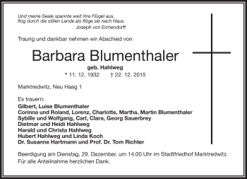 Traueranzeige von Barbara Blumenthaler von Frankenpost