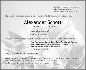 Traueranzeige von Alexander Schott von Neue Presse Coburg