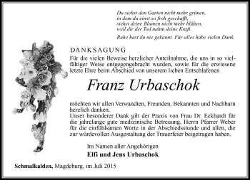 Traueranzeige von Franz Urbaschok von Südthüringer Presse