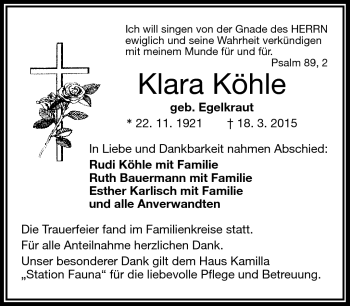 Traueranzeige von Klara Köhle von Frankenpost