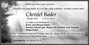 Traueranzeige von Christel Bader von Südthüringer Presse