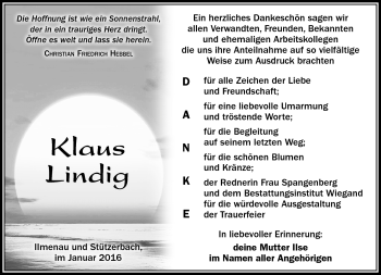 Traueranzeige von Klaus Lindig von Südthüringer Presse