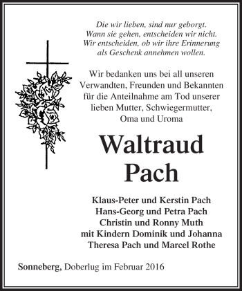 Traueranzeige von Waltraud Pach von Südthüringer Presse