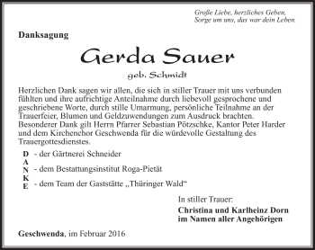 Traueranzeige von Gerda Sauer von Südthüringer Presse