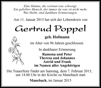 Traueranzeige von Gertrud Poppel von Südthüringer Presse