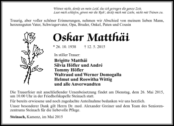 Traueranzeige von Oskar Matthäi von Südthüringer Presse