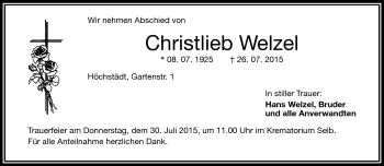 Traueranzeige von Christlieb Welzel von Frankenpost