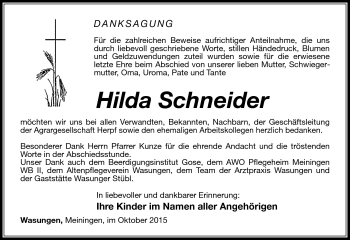 Traueranzeige von Hilda Schneider von Südthüringer Presse