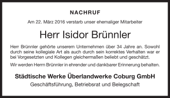 Traueranzeige von Isidor Brünnler von Neue Presse Coburg