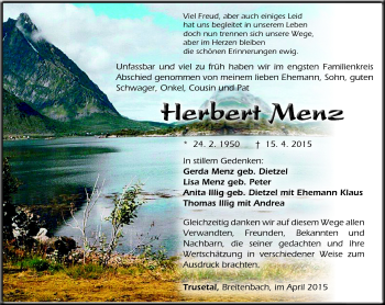 Traueranzeige von Herbert Menz von Südthüringer Presse