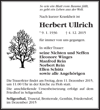 Traueranzeige von Herbert Ullrich von Südthüringer Presse