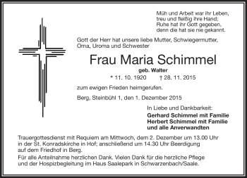 Traueranzeige von Maria Schimmel von Frankenpost