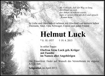 Traueranzeige von Helmut Luck von Südthüringer Presse