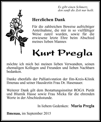 Traueranzeige von Kurt Pregla von Südthüringer Presse