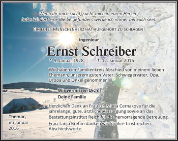 Traueranzeige von Ernst Schreiber von Südthüringer Presse