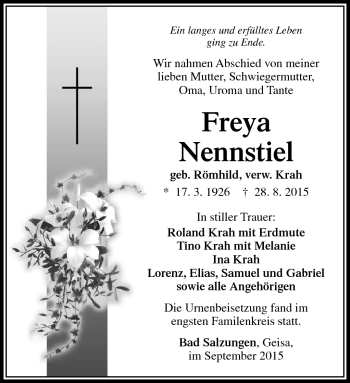 Traueranzeige von Freya Nennstiel von Südthüringer Presse