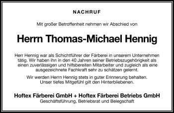 Traueranzeige von Thomas-Michael Hennig von Frankenpost