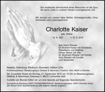 Traueranzeige von Charlotte Kaiser von Neue Presse Coburg