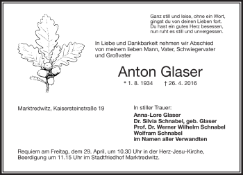 Traueranzeige von Anton Glaser von Frankenpost
