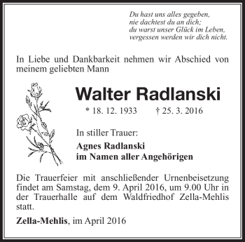 Traueranzeige von Walter Radlanski von Südthüringer Presse