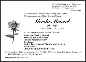 Traueranzeige von Gerda Menzel von Südthüringer Presse
