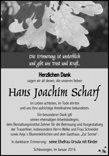 Traueranzeige von Joachim Scharf von Südthüringer Presse
