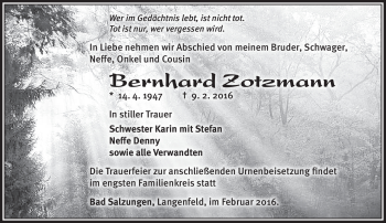 Traueranzeige von Bernhard Zotzmann von Südthüringer Presse
