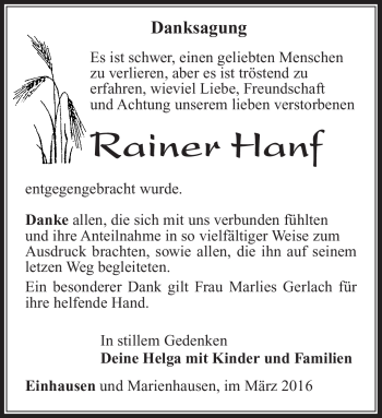 Traueranzeige von Rainer Hanf von Südthüringer Presse