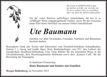 Traueranzeige von Ute Baumann von Südthüringer Presse