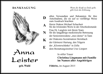 Traueranzeige von Anna Leister von Südthüringer Presse