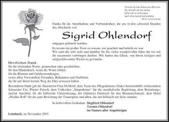 Traueranzeige von Sigrid Ohlendorf von Südthüringer Presse