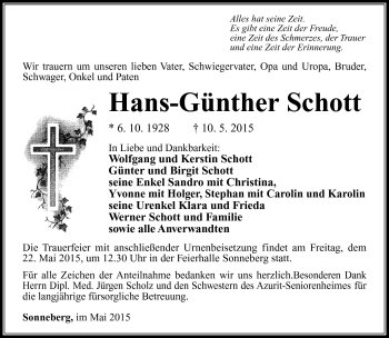Traueranzeige von Hans-Günther Schott von Südthüringer Presse
