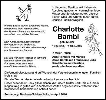 Traueranzeige von Charlotte Bambl von Südthüringer Presse