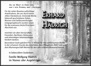 Traueranzeige von Erhard Hädrich von Südthüringer Presse