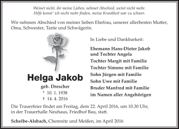 Traueranzeige von Helga Jakob von Südthüringer Presse