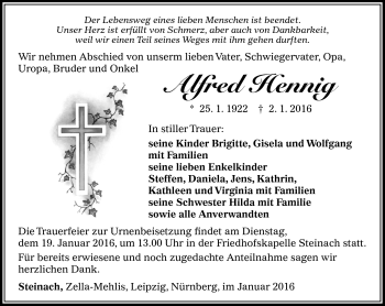 Traueranzeige von Alfred Hennig von Südthüringer Presse