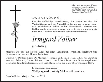 Traueranzeige von Irmgard Völker von Südthüringer Presse