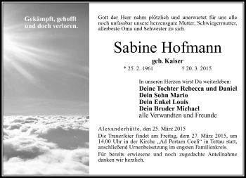 Traueranzeige von Sabine Hofmann von Neue Presse Coburg