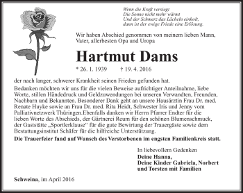 Traueranzeige von Hartmut Dams von Südthüringer Presse
